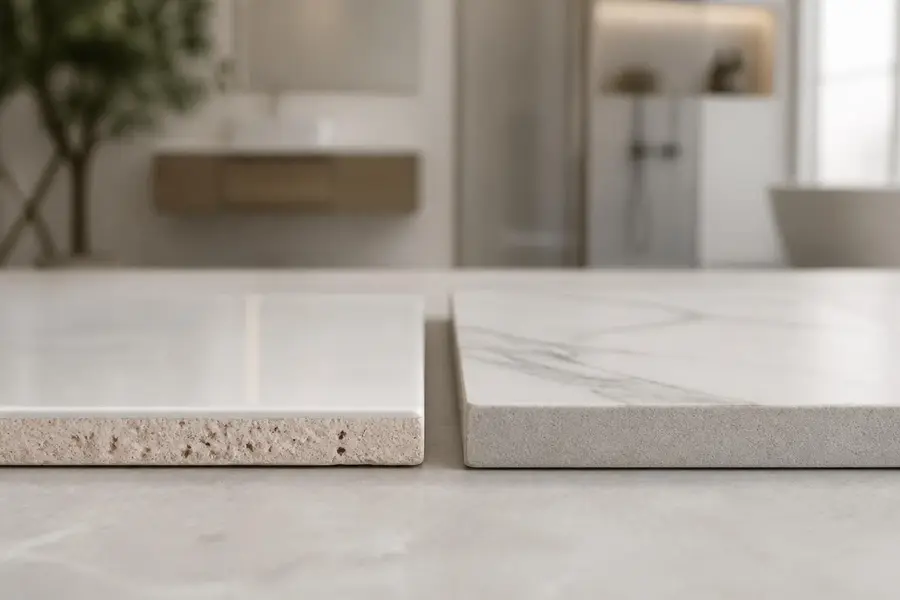 Porovnanie keramického obkladu a porcelánového gresu v reze